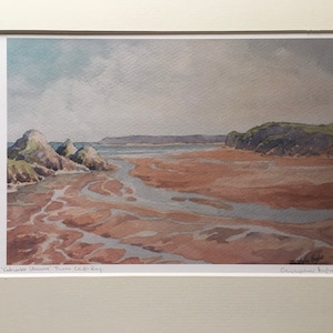 Spinnenweb-stromen. Three Cliffs Bay. De Gower. Zuid Wales. Gesigneerde afdruk