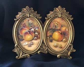 Worcester Fruit. Double ornate framed pair of original watercolours