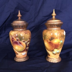 Worcester Fuit Vases. Pair of lided and gilded bone china Handpainted vases.