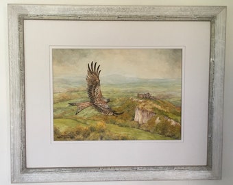 Red Kite above Carreg Cennen .Original watercolour by Ex Royal Worcester Artist