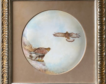 Golden Eagles.Handpainted Bone China Plaque. Ex Royal Worcester Artist