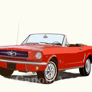 May include: A red 1960s Ford Mustang convertible with a white top. The car has a chrome bumper and a black grille with the Ford Mustang logo.