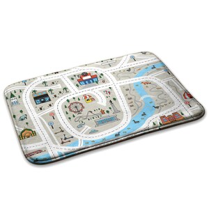 Zacht kindertapijt stadsplattegrond, grijze kinderdecoratie, tapijt peuterkamer, pasgeboren tapijt met patroon, gender Reveal-cadeau,