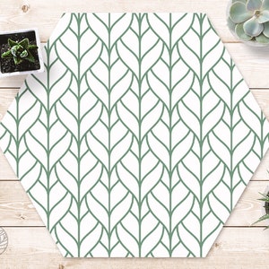 Linear Leafy Outline #19 - Hexagon Mat - Green, White, Minimalism, Bohemian, Living Room Mat, Tile PVC Mat, Raw Rug, Botanical Carpet