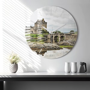 Eilean Donan Scotland Castle Glass Clock, Green Hanging Clock, Nature Printed Clock, Personalized Clock, Numbers or Lines Collection