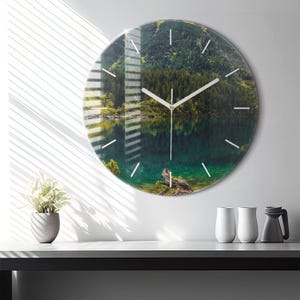 Morskie Oko in the Tatras Glass Clock, Green Wall Clock, City Hanging Clock, Custom Wall Clock, Numbers or Lines