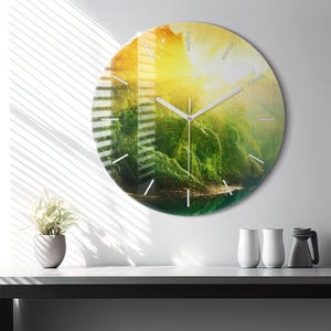 Peaceful nature Glass Clock, Green Minimalistic Clock, Nature Wall Clock, Personalized Clock, Numbers or Lines Collection