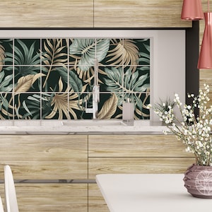 Botanical Yellow Leaves #6 - Vinyl Tile Stickers - Pack of 25 - Green, Gold, Scandinavian, Eclectic, Wall Art, Bathroom Decor