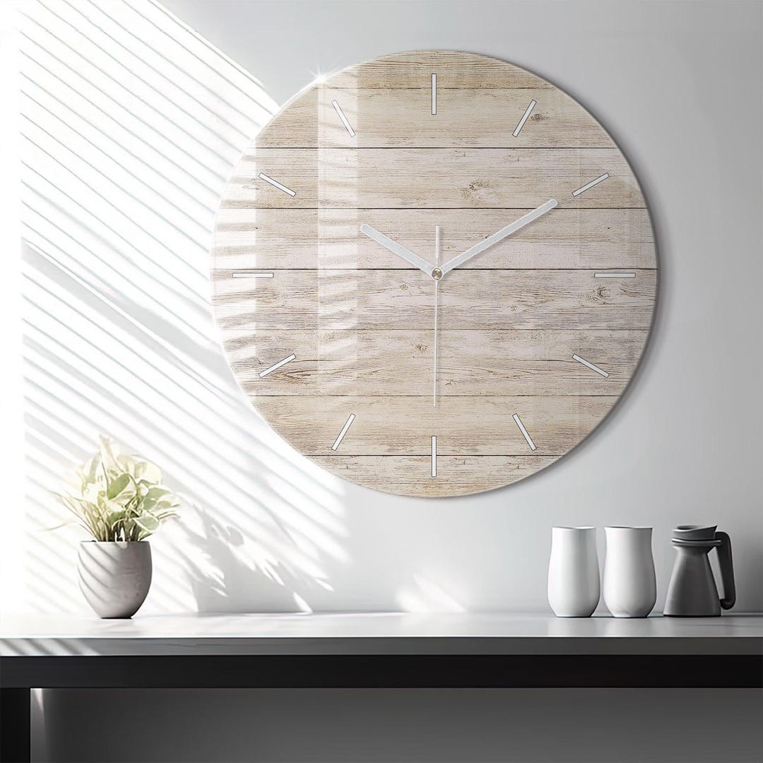 Wooden Panels Glass Clock, Brown Hanging Clock, Nature Printed Clock ...