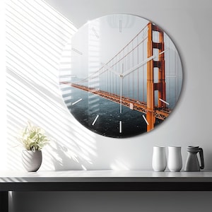Golden Gate bridge Glass Clock, Gold Printed Clock, City Landscape Modern Wall Clock, Personalized Clock, Numbers or Lines Collection