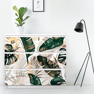 Tropical Leaves Gold Imitation Furniture Stickers - Malm Decal Dresser - Pack of 3 - Ikea Decal, Removable Sticker, Green, Yellow, #1