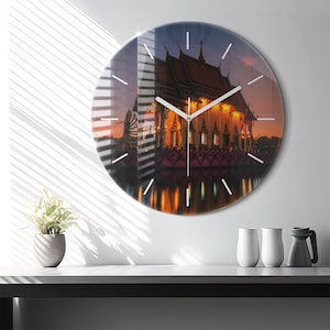 Temple in Bangkok Glass Clock, Yellow Printed Clock, Nature Modern Wall Clock, Custom Wall Clock, Numbers or Lines