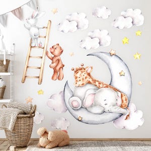 Maanwolken sterren muurstickers voor kinderkamer, grijze babykamerdecoratie, dieren muursticker voor kinderkamer, zelfklevende sticker