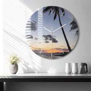Palm and sunrise Glass Clock, Black Printed Clock, Nature Modern Wall Clock, Personalized Clock, Numbers or Lines