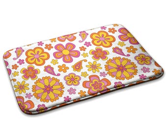 Floral Retro Pattern Soft Kids Rug, Orange Kids Decorations, Children's Room Carpet, Patterned Toddler Carpet, Baby Birthday Gift,