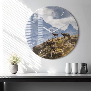 Goat in the Aosta valley Glass Clock, Brown Printed Clock, Food Modern Wall Clock, Personalized Clock, Numbers or Lines Collection