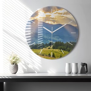 Landscape with forests Glass Clock, Blue Minimalistic Clock, Nature Wall Clock, Personalized Clock, Numbers or Lines Collection