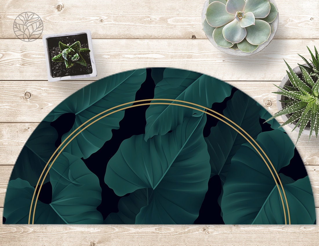 Leaf Pattern Linoleum Tropical Forest #2 - Semi Round Vinyl Mat - Green, Black, Leaves ...