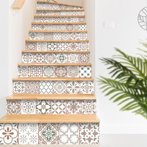 Beige Pastel Azulejo Stair Riser Sticker - 10 Strips - White Stairs Art, Stair Risers Sticker, Modern Stairs Decor, #18