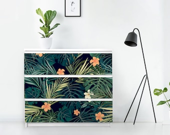 Moody Tropical Flowers Furniture Stickers - Malm Decal Dresser - Pack of 3 - Ikea Decal, Removable Sticker, Green, Emerald, #18