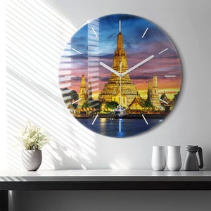 Temple in Bangkok Glass Clock, Gold Wall Clock, Architecture Hanging Clock, Personalized Clock, Numbers or Lines Collection