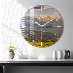 Mountains - Pieniny Wysoki Wierch Glass Clock, Green Printed Clock, Nature Modern Wall Clock, Personalized Clock, Numbers or Lines