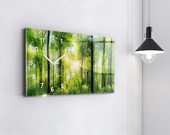 Relógio de parede suspenso com árvores da floresta Natura, Relógio de vidro verde, Relógio de parede suspenso com natureza, Relógio de parede personalizado com números ou linhas