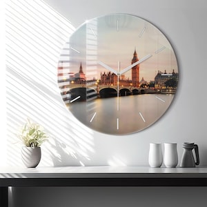 Big Ben Panorama London Glass Clock, Brown Hanging Clock, City Printed Clock, Personalized Clock, Numbers or Lines