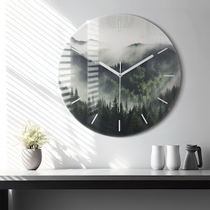 Forest landscape Glass Clock, Black And White Printed Clock, Nature Modern Wall Clock, Custom Wall Clock, Numbers or Lines Collection