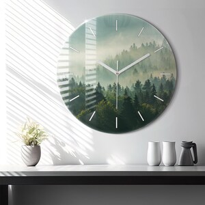 Sunrise of the Beskids Glass Clock, Green Printed Clock, Nature Modern Wall Clock, Personalized Clock, Numbers or Lines