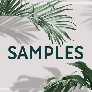 May include: A white background with the word "SAMPLES" in dark green text. The background is decorated with green palm leaves and monstera leaves.