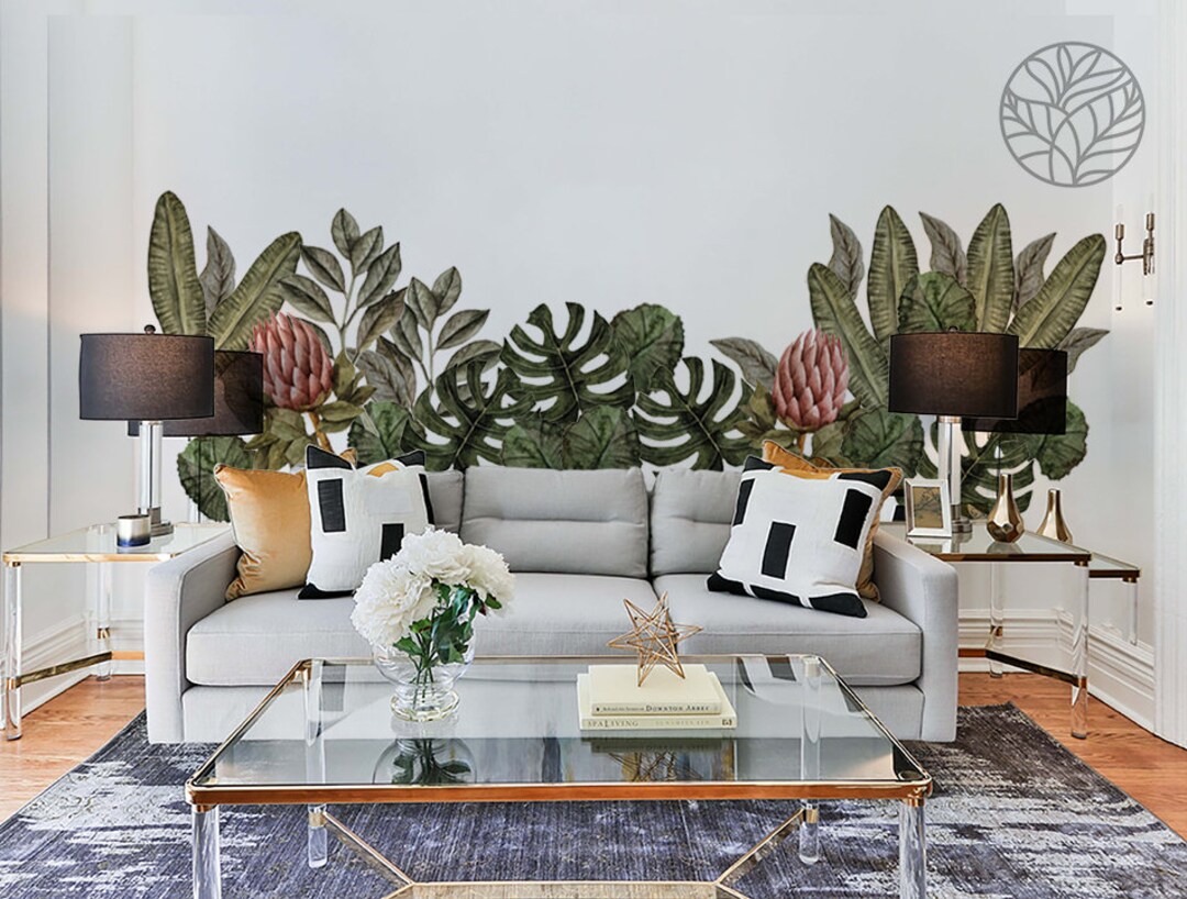 Dark Bush 2 Medium Wall Leaves Sticker Green Floral Pattern, Removable