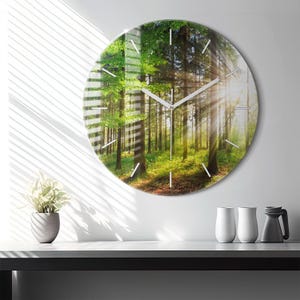 East forest Glass Clock, Green Modern Wall Clock, Nature Minimalistic Clock, Custom Wall Clock, Numbers or Lines Collection