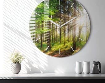 Relógio de vidro da floresta leste, relógio de parede moderno verde, relógio minimalista da natureza, relógio de parede personalizado, coleção de números ou linhas