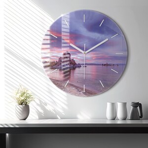 Sunrise California Glass Clock, Purple Printed Clock, Nature Modern Wall Clock, Personalized Clock, Numbers or Lines