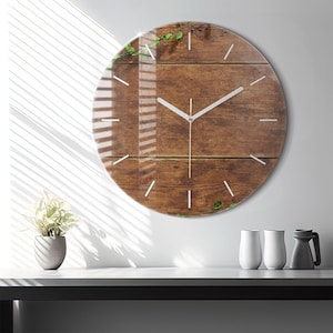 Rustic wood Glass Clock, Brown Hanging Clock, Nature Printed Clock, Custom Wall Clock, Numbers or Lines