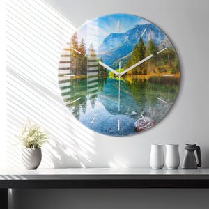 Mountain Landscape River Glass Clock, Multicolour Printed Clock, Landscape Modern Wall Clock, Personalized Clock, Numbers or Lines