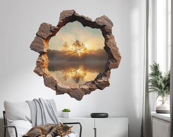 Gat in de muursticker - landschap door de rotsen, bruine zelfklevende muurstickers, landschappen thema 3D-gaatjes behang