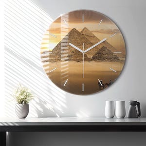 Pyramids and sunset Glass Clock, Beige Hanging Clock, Architecture Printed Clock, Custom Wall Clock, Numbers or Lines