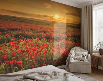 May include: A wall mural depicting a field of red poppies under a sunset sky. The image shows a vibrant landscape with a warm color palette, creating a serene and natural scene. The mural is installed in a bedroom setting.