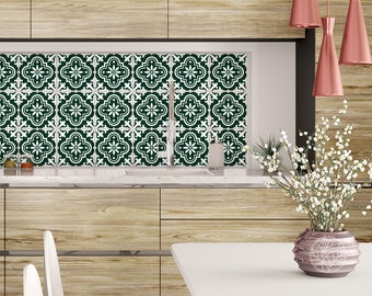Green Morrocan Flower #9 - Vinyl Tile Stickers - Pack of 25 - White, Morocco, Decorative Tiles, Geometric Wall Art, Tile Covering, Eclectic
