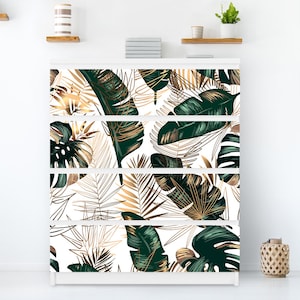 Adesivi per mobili effetto foglie tropicali dorate - Decalcomania Malm per cassettiera - Confezione da 4 - Decalcomania Ikea, adesivo rimovibile, verde, n. 1