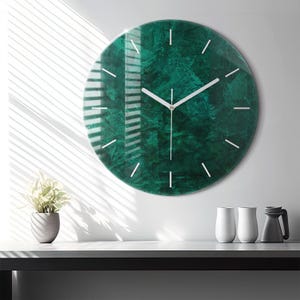 Emerald wall Glass Clock, Green Wall Clock, Abstract Hanging Clock, Custom Wall Clock, Numbers or Lines