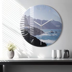 Mountains at the Ocean Glass Clock, Blue Wall Clock, Nature Hanging Clock, Personalized Clock, Numbers or Lines