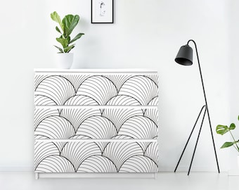 Abstract Lines Waves Furniture Stickers - Malm Decal Dresser - Pack of 3 - Ikea Decal, Removable Sticker, Black, White, #14