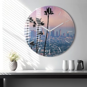 Sunset Los Angeles Glass Clock, Black Wall Clock, Landscape Hanging Clock, Personalized Clock, Numbers or Lines
