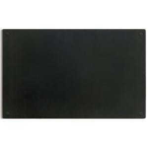 May include: A rectangular black desk mat with rounded corners and four small, circular rubber feet. The mat has a smooth, matte finish and is designed to protect a desk surface.