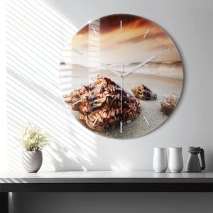 Beach shell Glass Clock, Brown Wall Clock, Landscape Hanging Clock, Custom Wall Clock, Numbers or Lines Collection