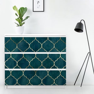 Dark Green Classic Gold Pattern Furniture Stickers - Malm Decal Dresser - Pack of 3 - Ikea Decal, Removable Sticker, Green, Blue, #7