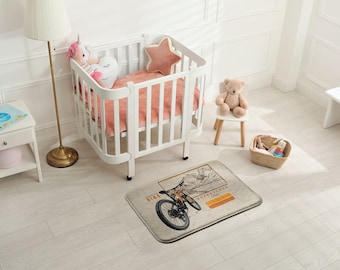 Mountain Bike Soft Kids Rug, Orange Kids Decorations, Newborn Baby Room Carpet, Patterned Children's Carpet, Baby Shower Gift,